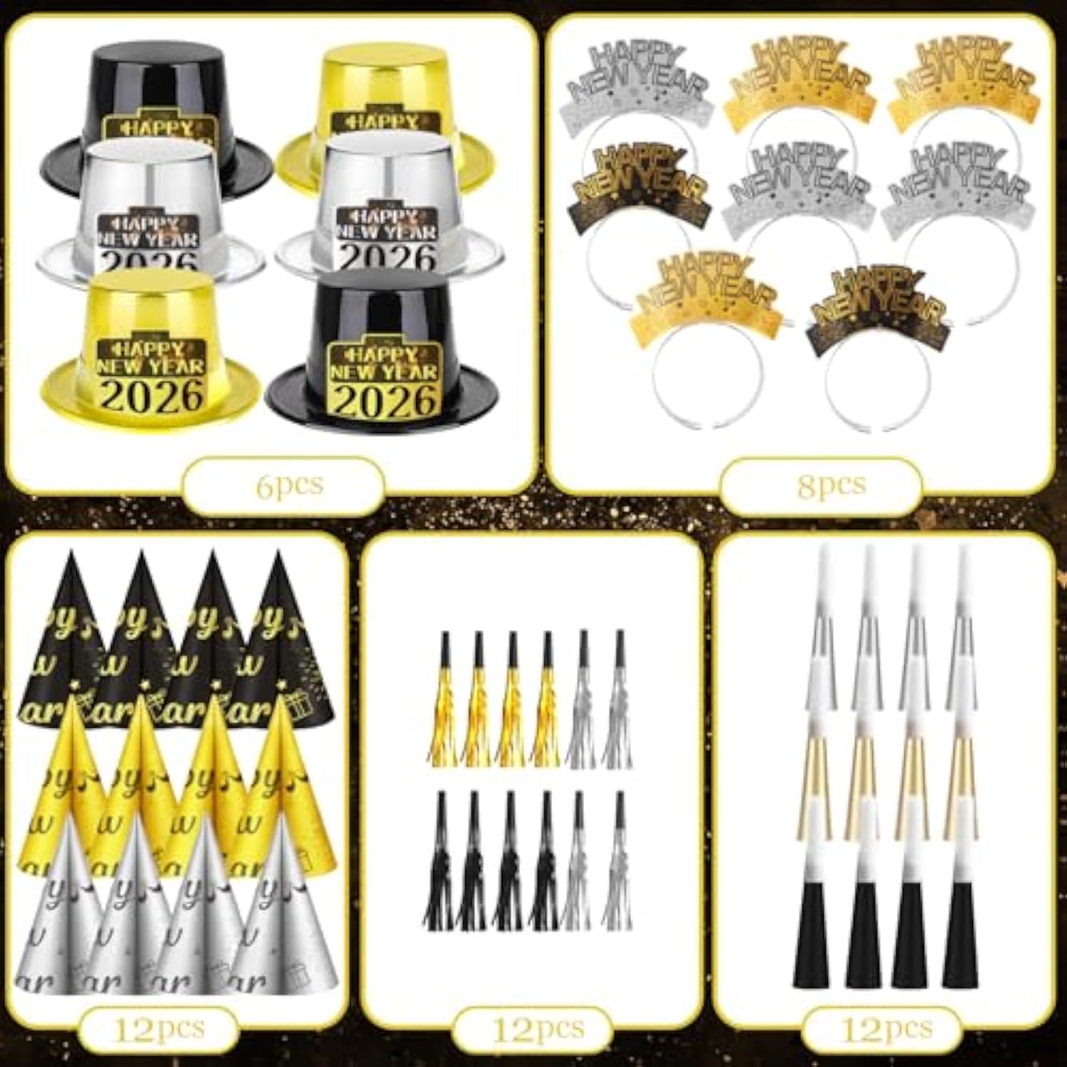 50-Piece 2026 New Year Party Set with Headbands Hats and Noise Makers