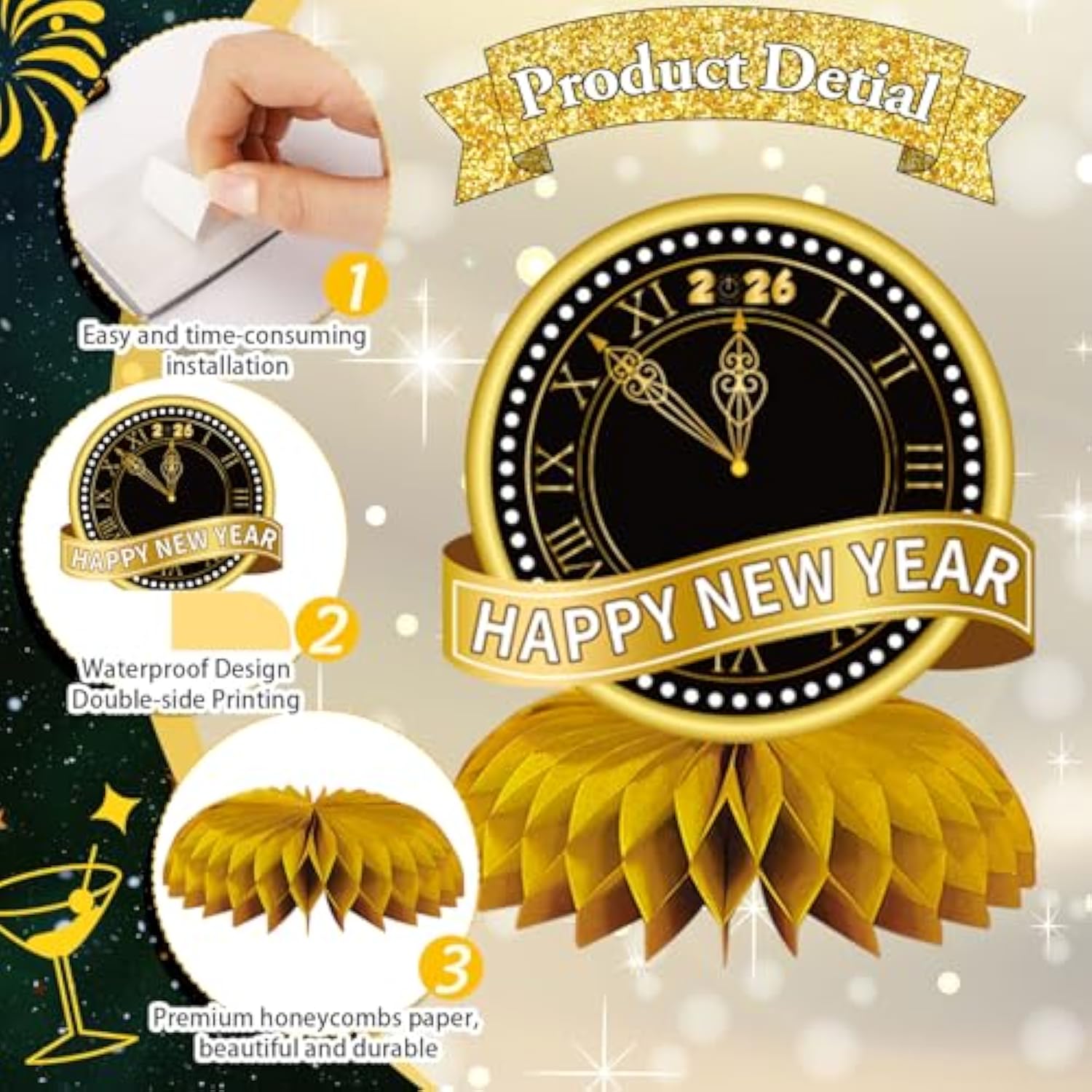 8 Pcs Black & Gold New Year 2026 Honeycomb Table Centerpieces