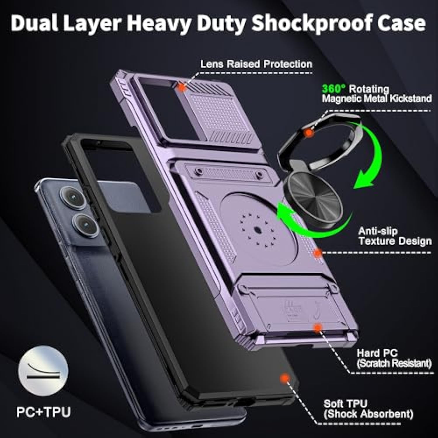 For Motorola Moto Edge 5G 2024 Case With Card Holder [Store 2 Cards] + 360° Rotated Ring Holder Kickstand Heavy Duty Shockproof Wallet Phone Case Cover For Motorola Edge 2024, Purple