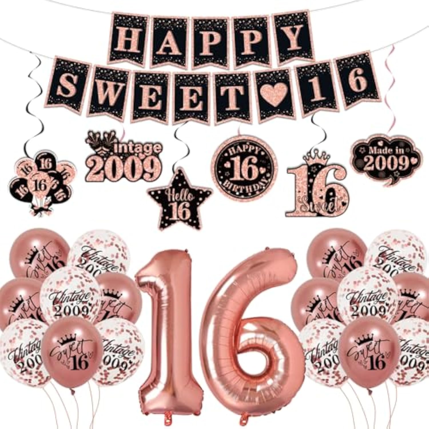 Sweet 16 Decorations Rose Gold Banner, Balloons & Hanging Swirls for Girls