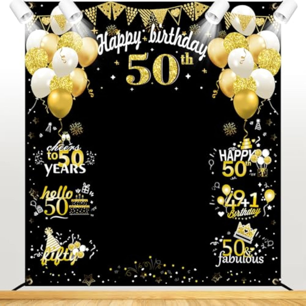 Large 50th Birthday Banner - Black & Gold Funny Fifty Party Props for Indoor/Outdoor