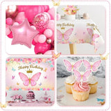 Pink Balloon Arch Kit With Foil Butterfly Balloons, Happy Birthday Backdrop & Tablecloth Decorations For Girl'S Party - 106 Supplies