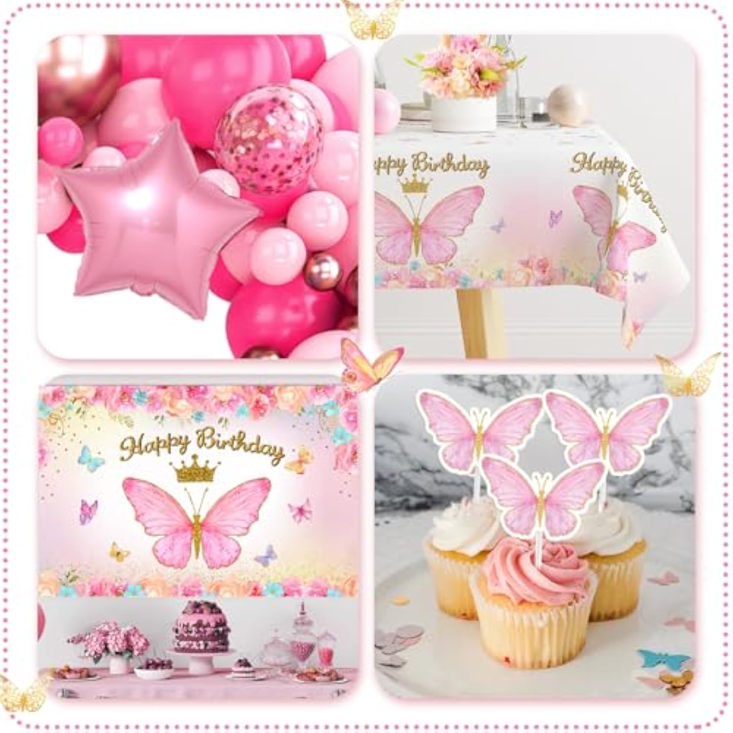 106pcs Butterfly Birthday Kit with Pink Balloons, Backdrop & Tablecloth for Girls