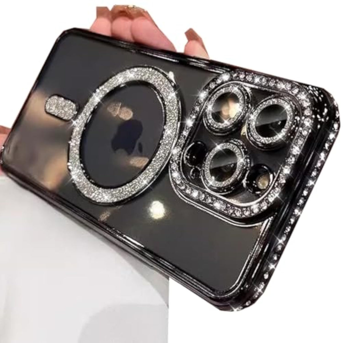 Magnetic Clear Glitter Case For Iphone 16 Pro Max, [Compatible With Magsafe] Cute Bling Sparkly Diamond With Camera Protector Soft Tpu Bumper Women Girls Case For Iphone 16 Pro Max 6.9",Black