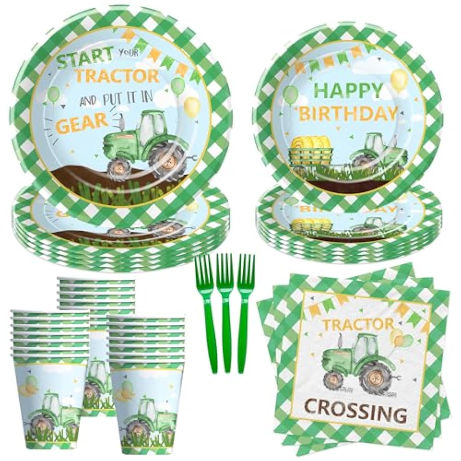 Tractor Birthday Plates And Napkins Party Supplies - Farm Theme Green Tractor Birthday Decorations Tableware, Paper Plate, Cup, Napkin, Disposable Fork | Serves 24