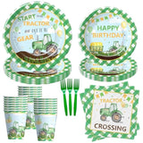 Tractor Birthday Plates And Napkins Party Supplies - Farm Theme Green Tractor Birthday Decorations Tableware, Paper Plate, Cup, Napkin, Disposable Fork | Serves 24