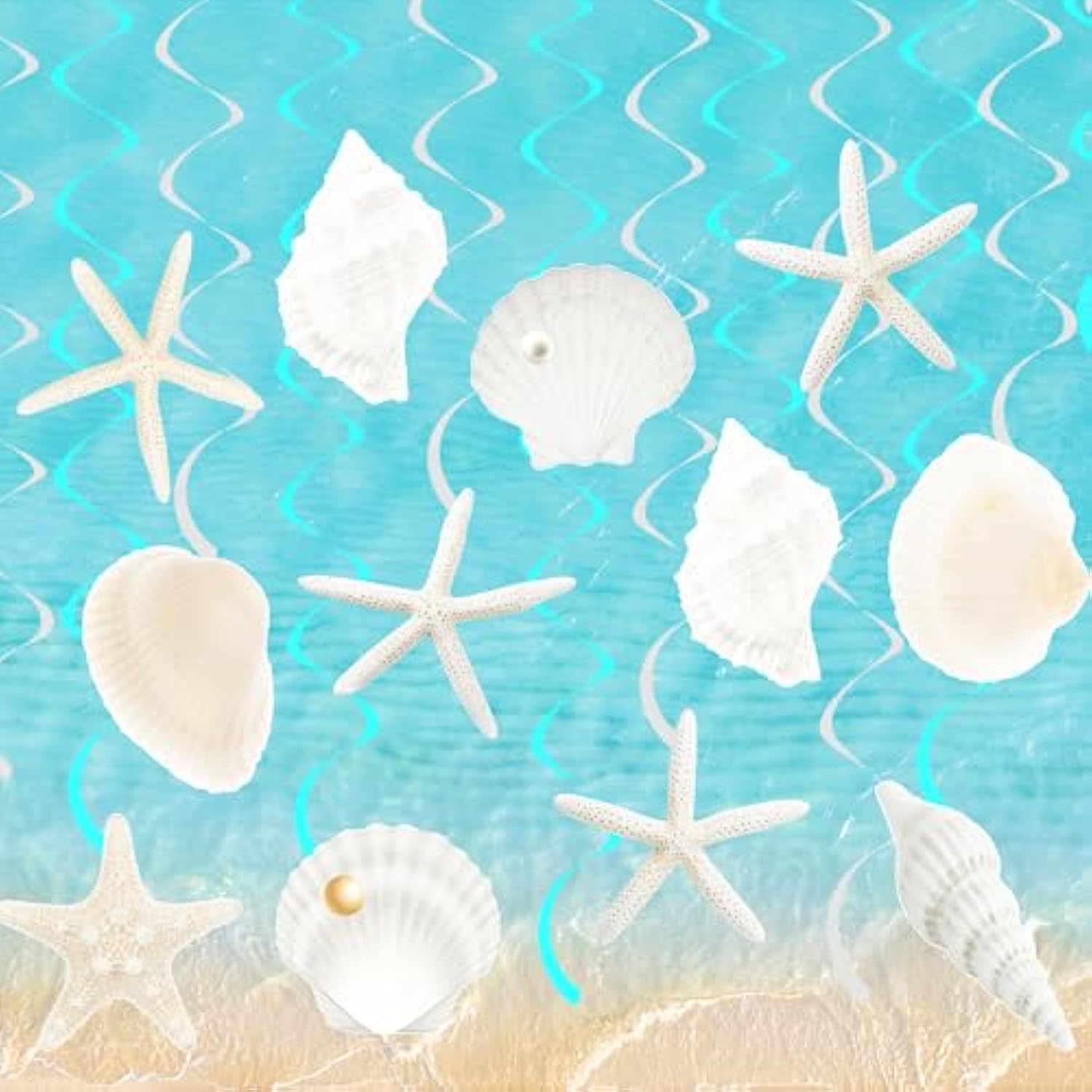 Seashell Hanging Swirls 21Pcs Coastal Beach Birthday Party Decoration Starfish Seashell Ceiling Swirls Decor Ocean Seashell Conch Cutout Hanging Streamers For Nautical Wedding Party Supplies