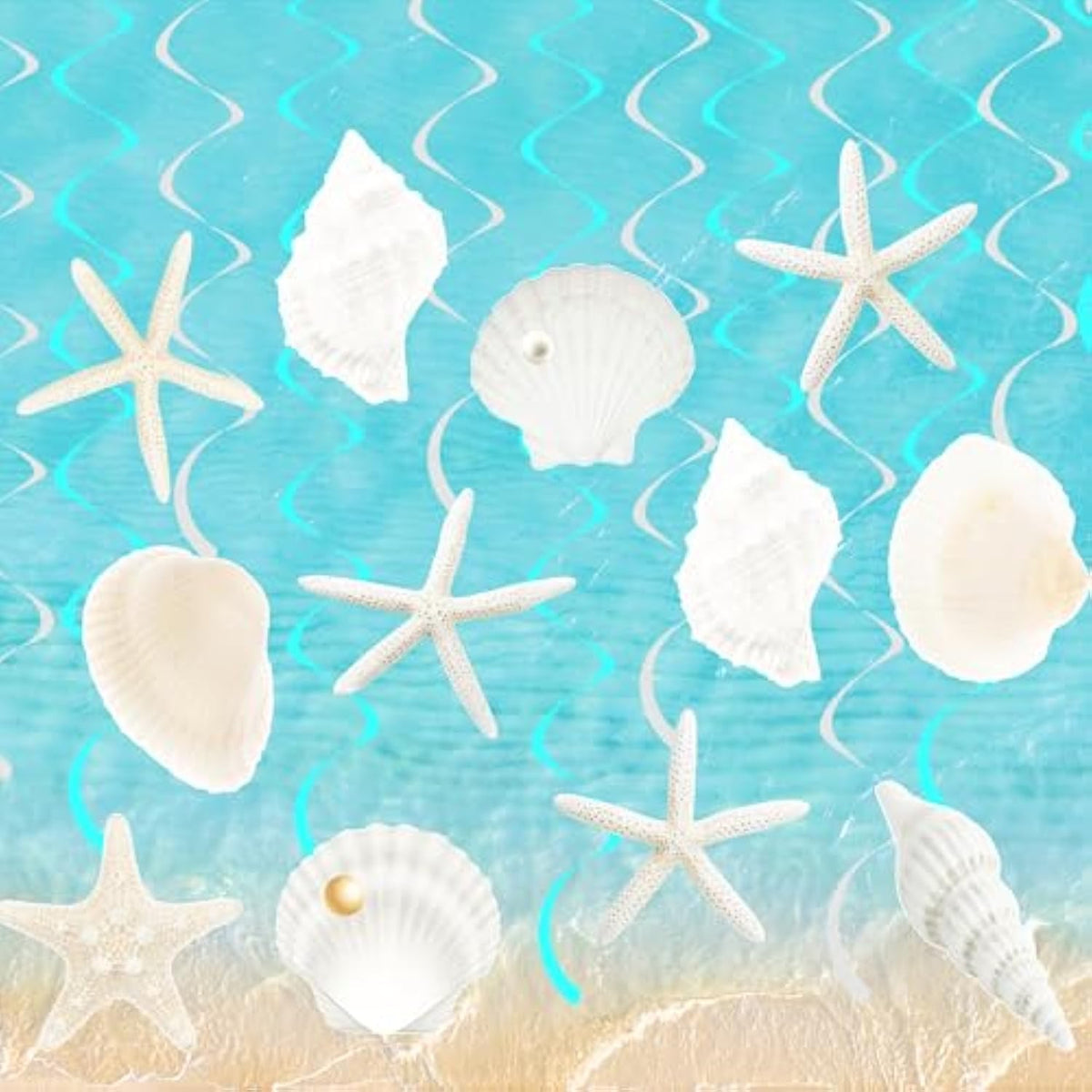 Seashell Hanging Swirls 21Pcs Coastal Beach Birthday Party Decoration Starfish Seashell Ceiling Swirls Decor Ocean Seashell Conch Cutout Hanging Streamers For Nautical Wedding Party Supplies