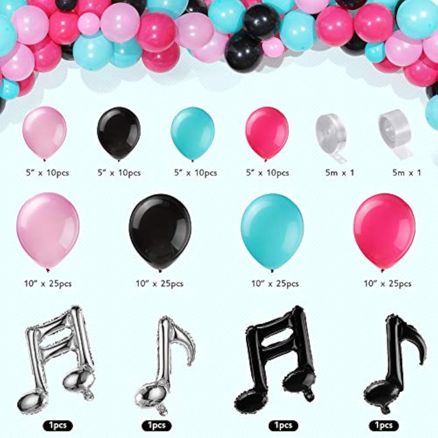 144 Pieces Music Balloons Birthday Garland Kit Music Sign Foil 5 Inch 10 Inch Rose Red Black Blue Pink For Birthday, Sock Hop Party, 1950S Party, Karaoke Decorations Supplies