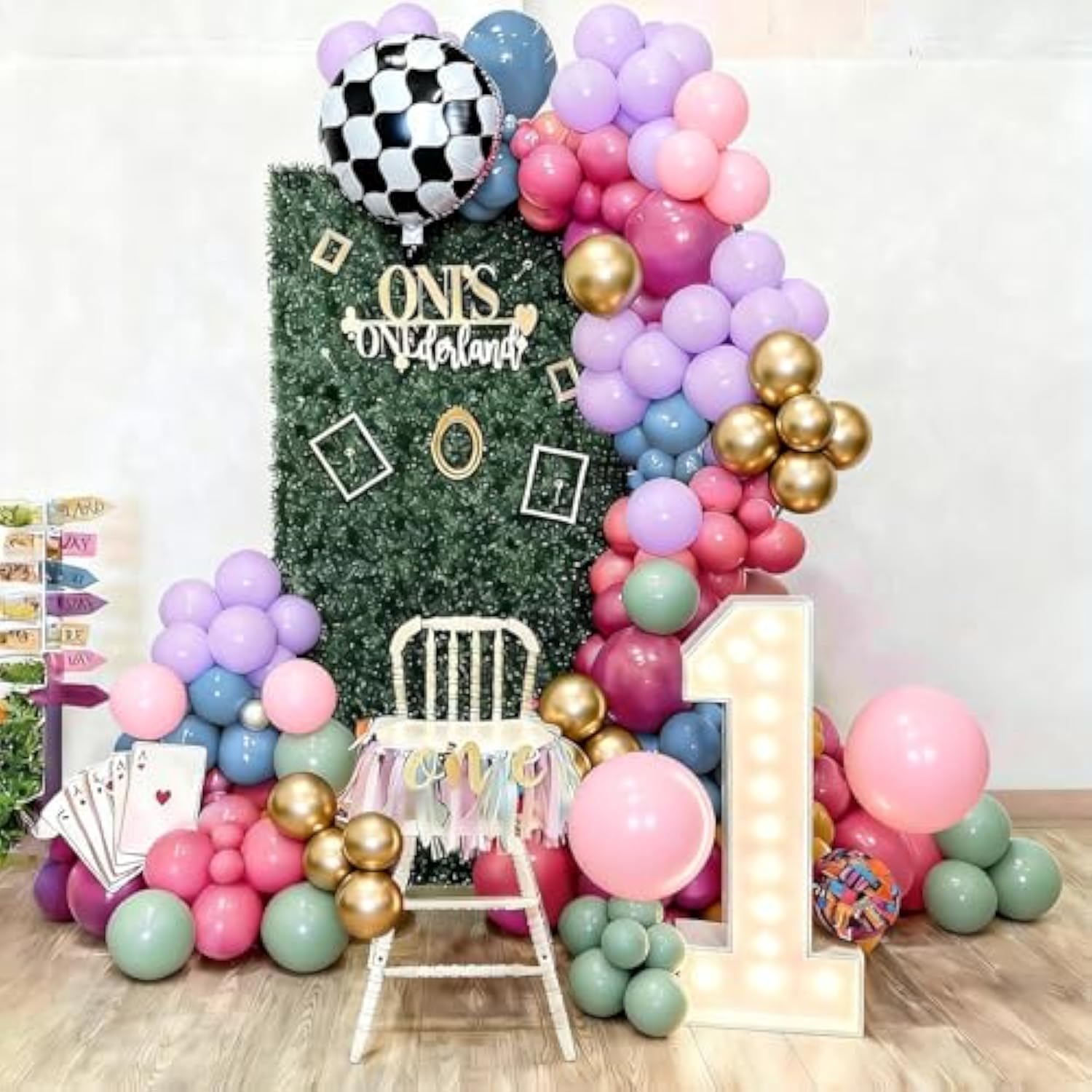 Pink Blue Green Balloons Garland Arch Kit, 125Pcs Pastel Pink Blue Purple Balloons, Dusty Green Hot Pink Gold Balloon Checkered Foil Balloon For Princess Fairy Birthday Spring Garden Tea Party Decor