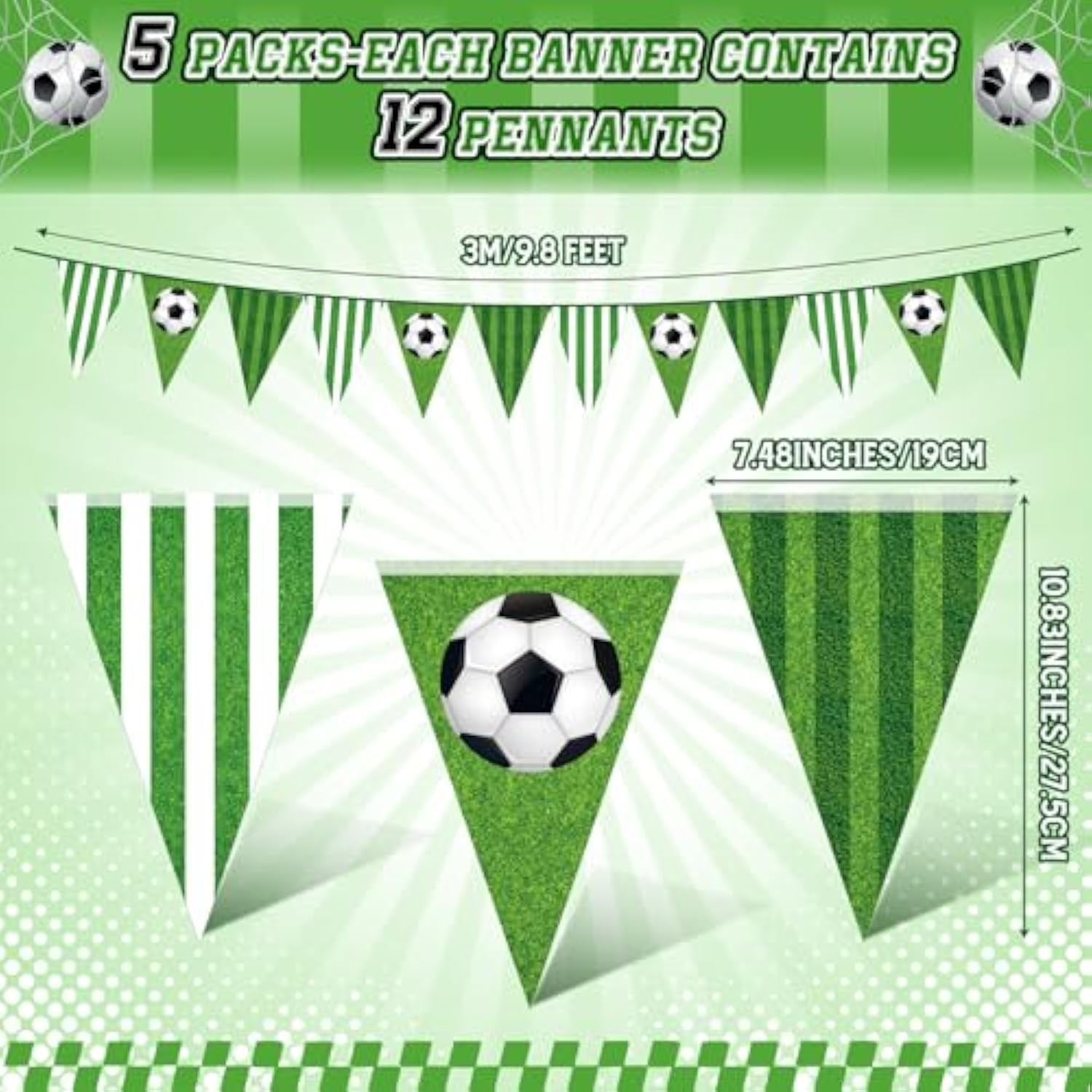 5 Pack Green Soccer Banners Soccer Party Decorations Sports Champion Paper Pennants Green Hanging Triangle Flags Garland Bunting For Sports Game Fans Outdoor Indoor Birthday Party Supplies