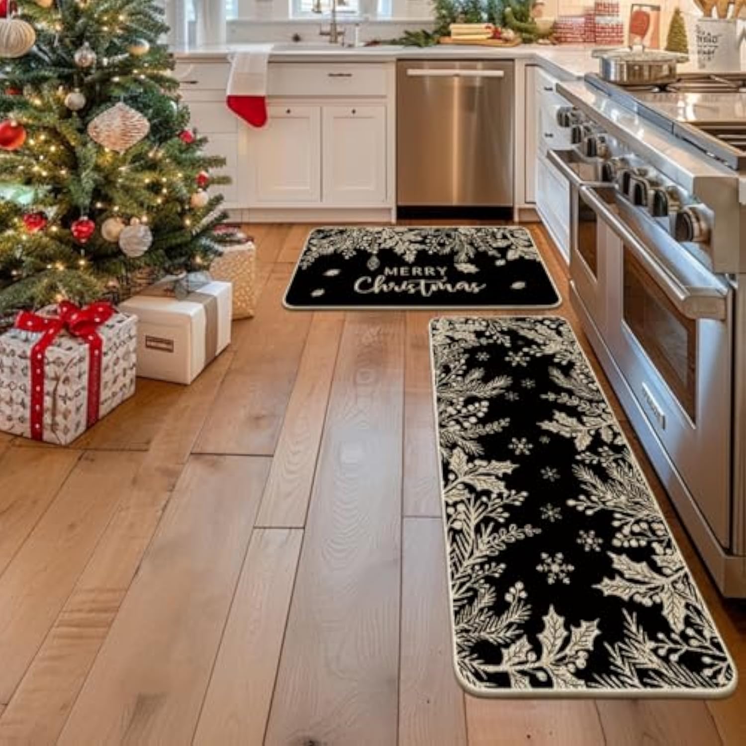 Black Holly Pine Branches Merry Christmas Kitchen Mats Set Of 2, Winter Decor Low-Profile Kitchen Rugs For Floor - 24X35 And 24X59 Inch