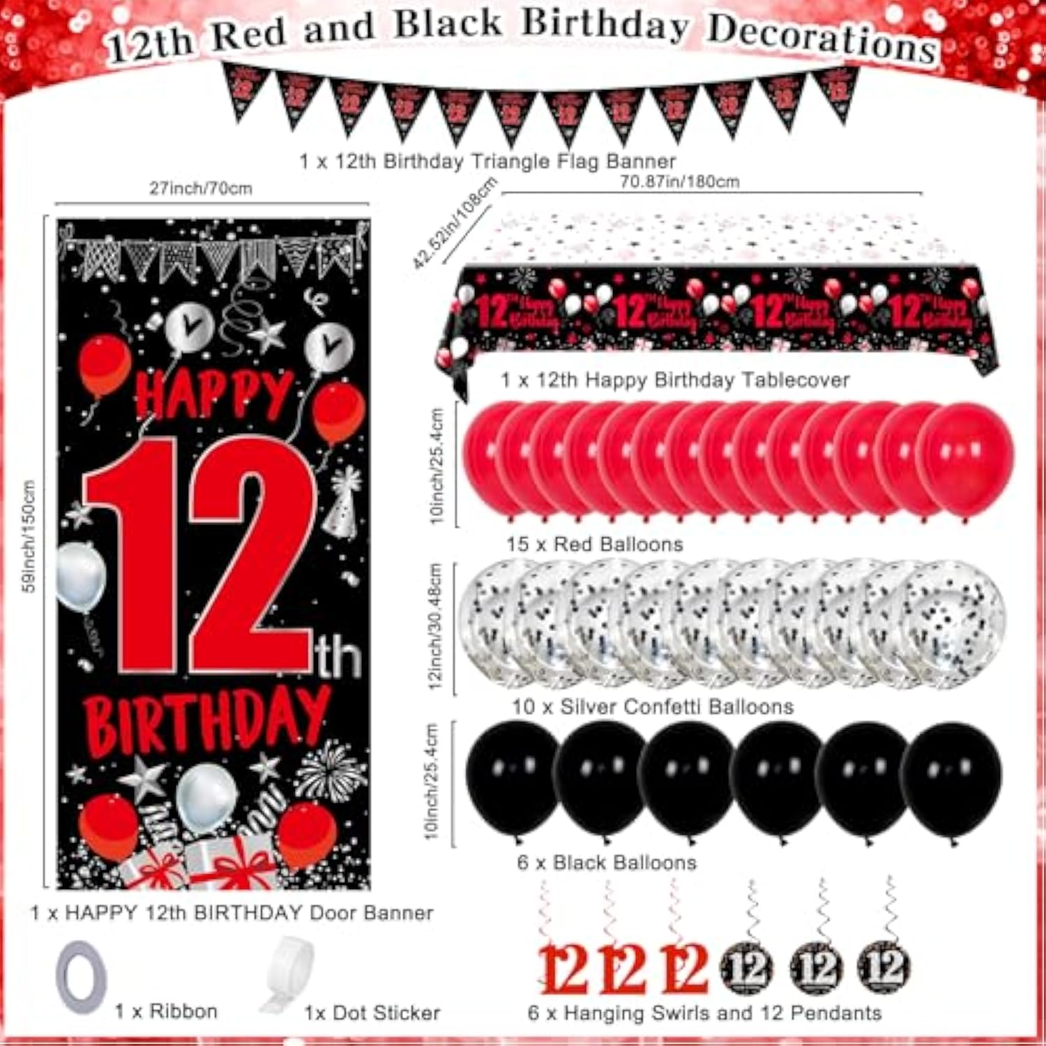 12Th Birthday Decorations For Boys Girls, Red Black Happy 12Th Birthday Decorations Boy Girl, Happy 12 Bday Banner Backdrop Balloons Tablecover Triangle Flag, 12 Year Old Boy Bday Party Supplies Decor