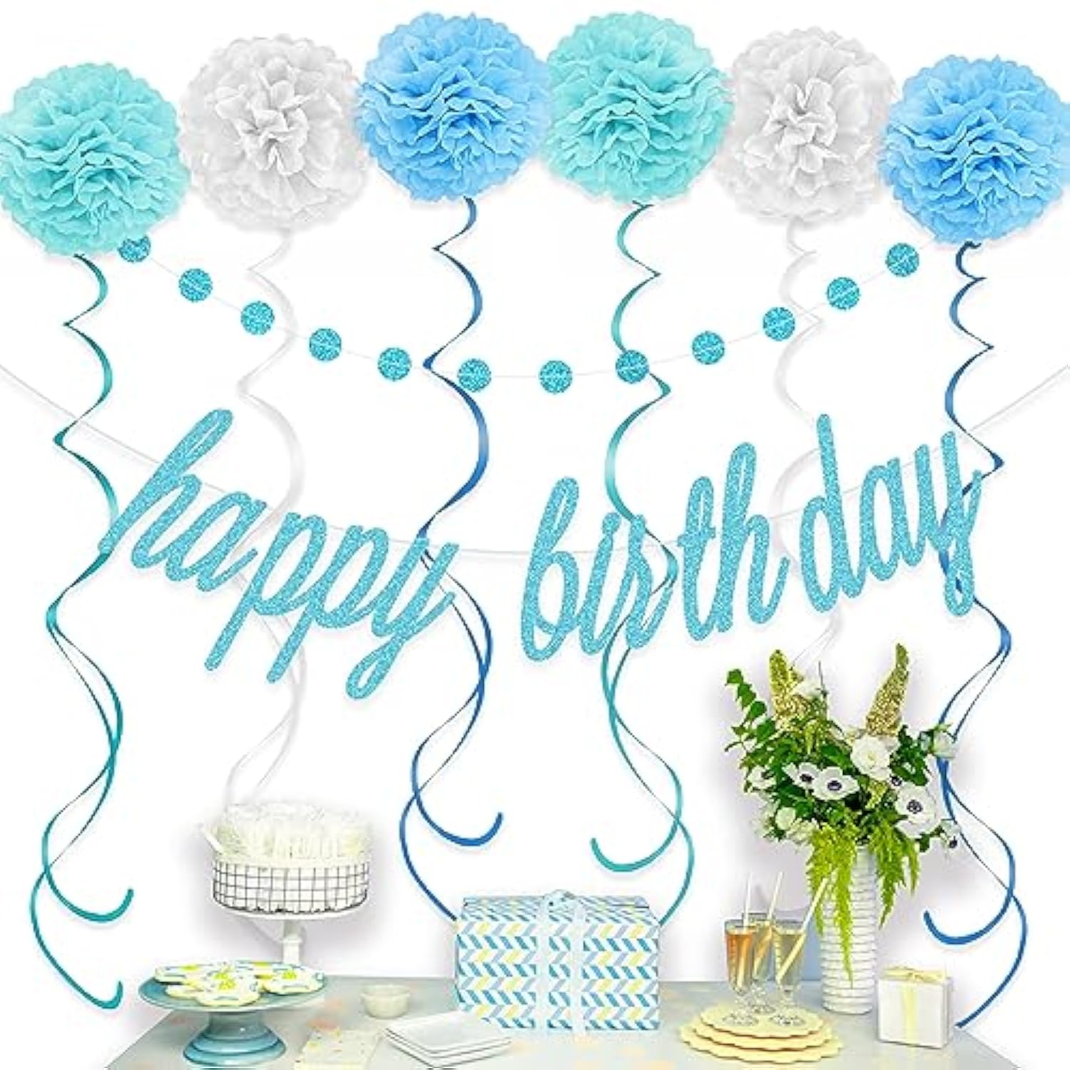 Blue Happy Birthday Decorations – Blue Happy Birthday Banner, Paper Pom Poms, Hanging Swirls And Glitter Circle Dots Garland For Birthday Party Decorations