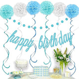 Blue Happy Birthday Decorations – Blue Happy Birthday Banner, Paper Pom Poms, Hanging Swirls And Glitter Circle Dots Garland For Birthday Party Decorations