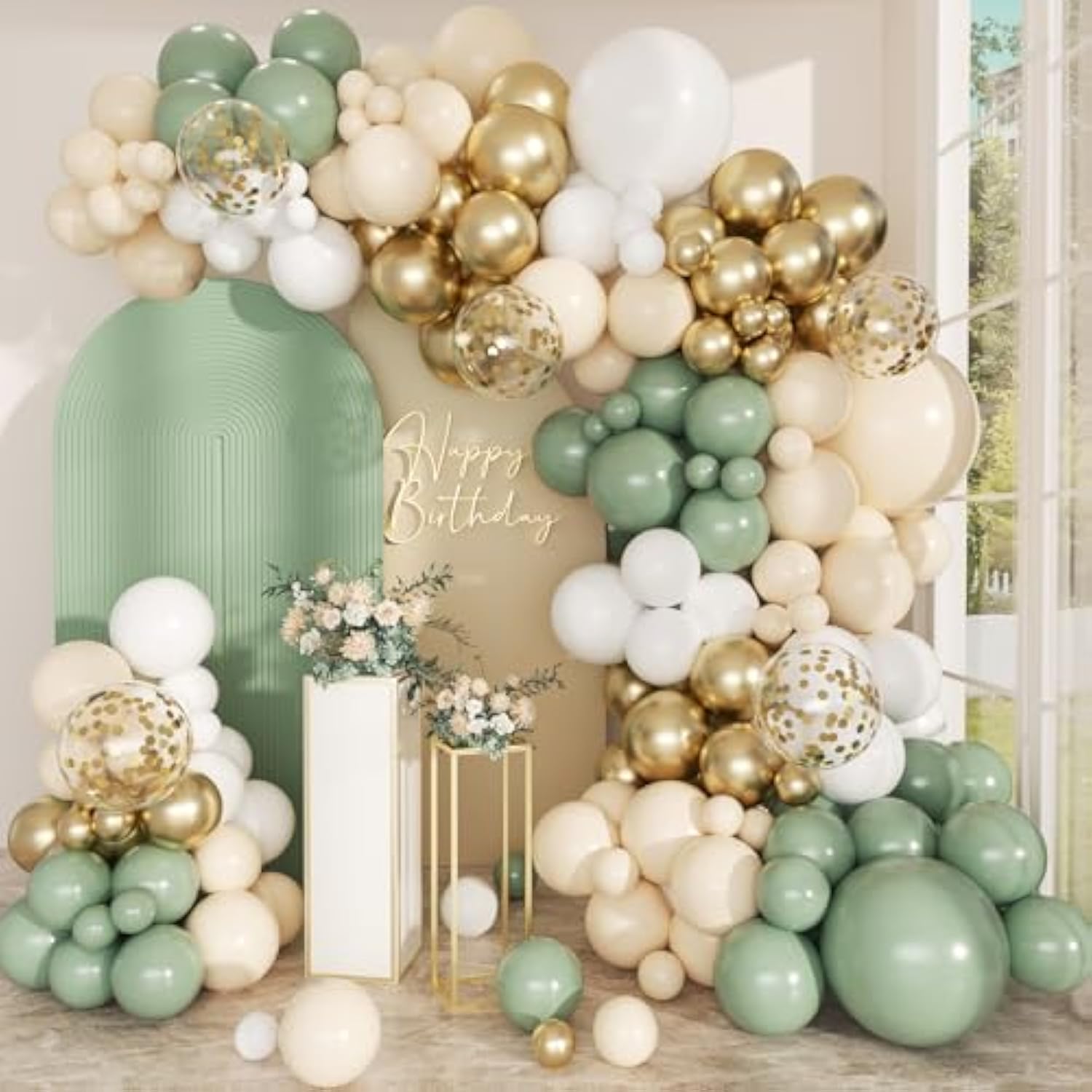Sage Green Balloon Arch Kit: Gold Confetti Party Decor