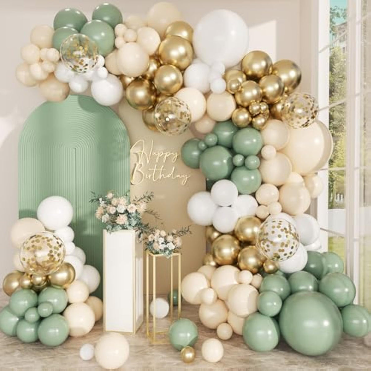 Sage Green Balloon Arch Kit: Gold Confetti Party Decor