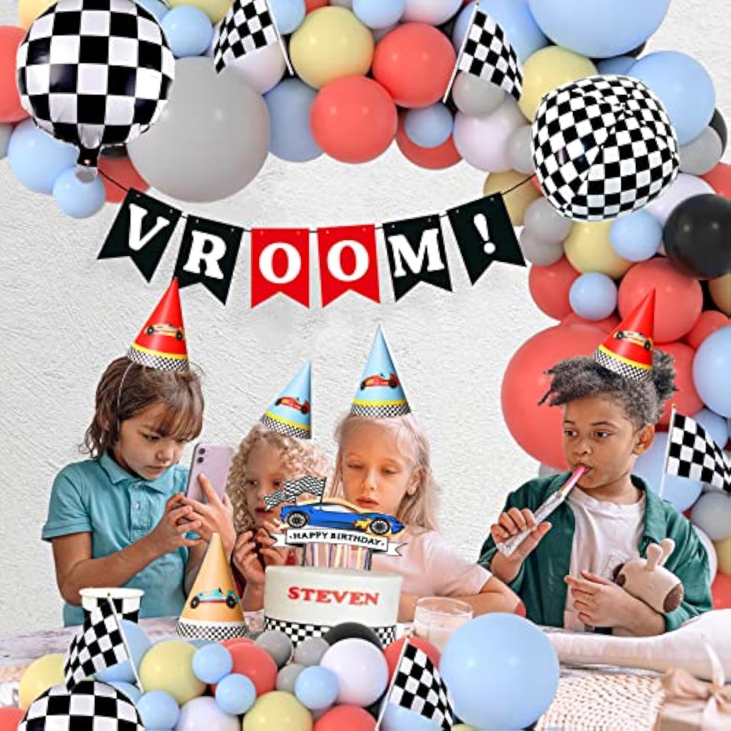 Race Car Balloon Garland Kit – Pastel Coral, Blue, Yellow, Black, White Balloons & Decor Set