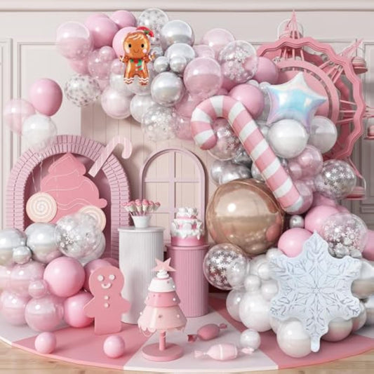 Pink And Silver Balloon Arch Kit, 120 Pcs White Valentines Balloons With 4D Rose Gold Iridescent Snowflake Balloons For Winter Wonderland Girls Princess Birthday Decor