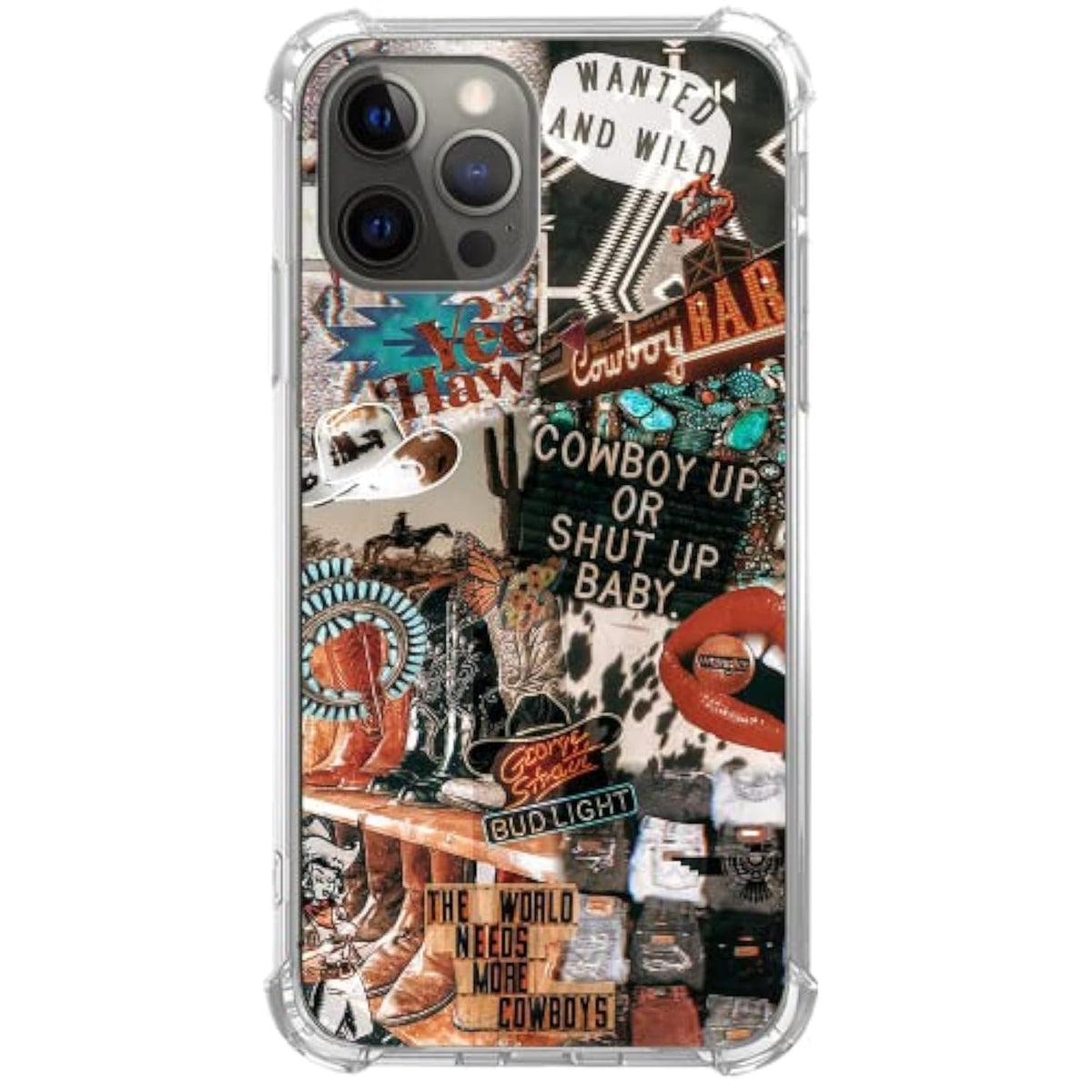 Western Cowgirl Cowboy Collage Case For Iphone 16 Pro Max, Howdy Ranch Boho Southwestern Retro Design, Unique Trendy Tpu Bumper Cover