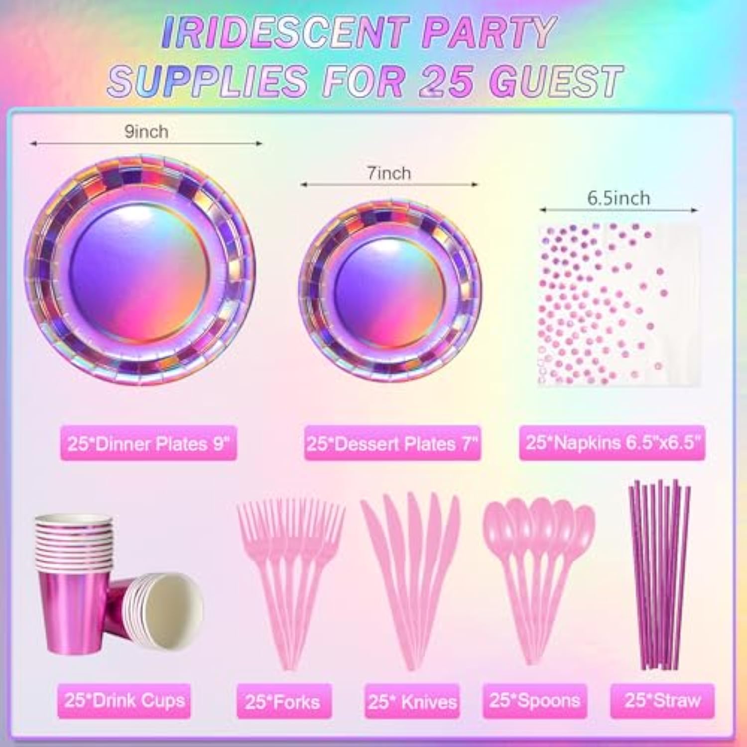Iridescent Pink Party Supplies Decorations Serve 25, Hot Pink Holographic Paper Plates And Napkins Set, Disposable Pink Paper Plates Cups Knives Spoons Fork For Mermaid Disco Birthday Graduation Party