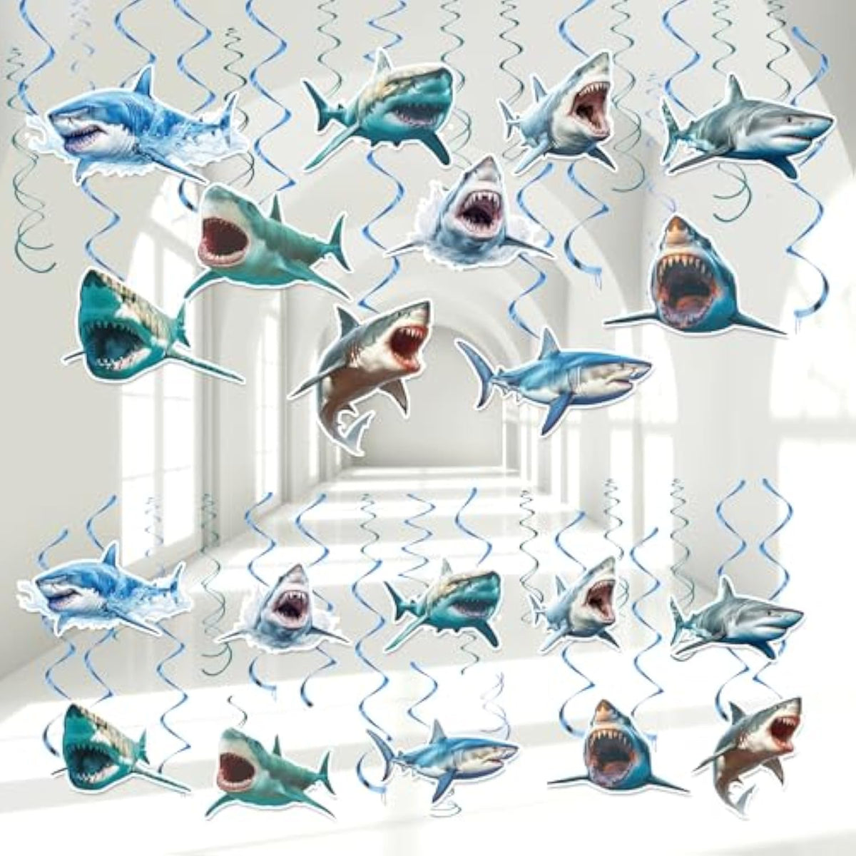 60Pcs Shark Birthday Hanging Swirls Blue Ocean Under the Sea Decorations
