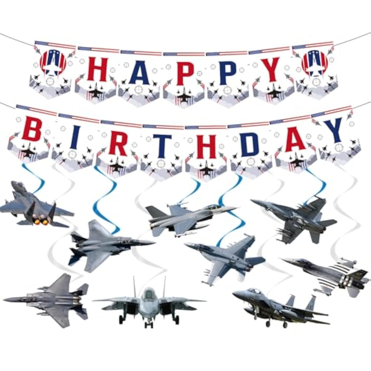 Airplane Birthday Party Decorations - 11Pcs Fighter Jet Banners Bday Decoration Top Gu Hanging Swirls Decor For Aircraft Airplane Party Supplies