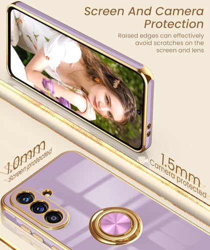 for  Galaxy A37 5G Case,2X Screen Protector,360° Rotatable Ring Holder Magnetic Kickstand,Plated Gold Edge Slim Soft TPU Protective Phone