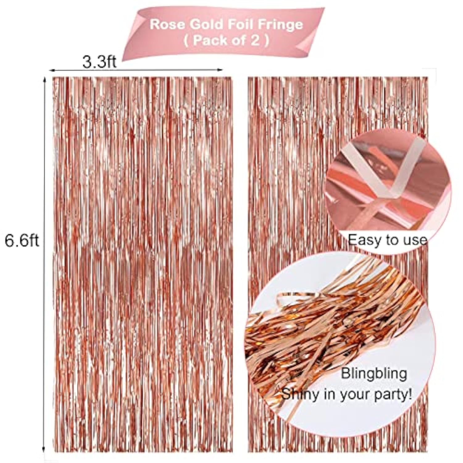 62pcs Rose Gold Birthday Decorations – Banner, Balloons, Fringe Curtain & Swirls