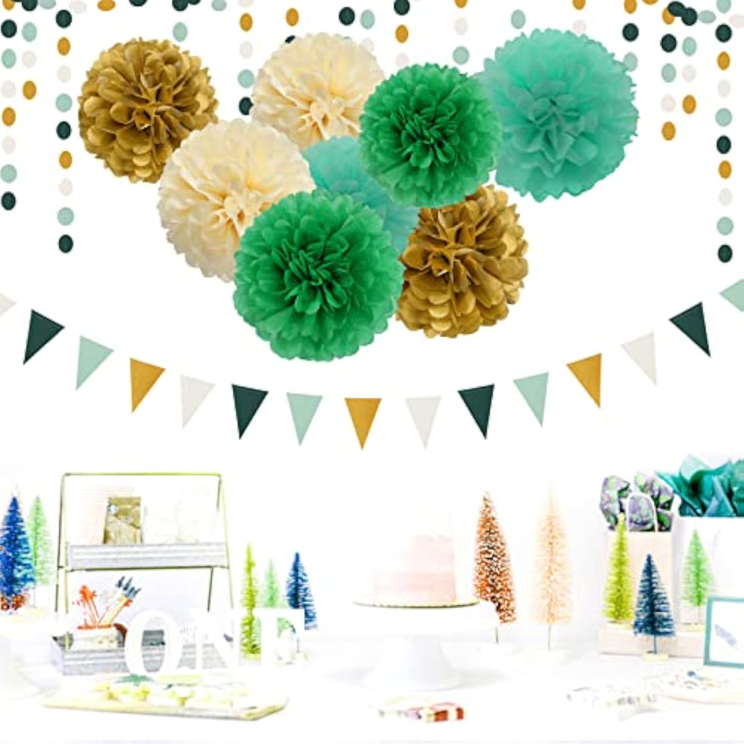 Sage-Green Beige-Gold Baby Bridal-Shower Decorations - 30Pcs Rustic Wedding Tissue Pom Poms,Tassel Garland Banner,Birthday Gender Reveal Bachelorette Engagement Party Decor Bunting