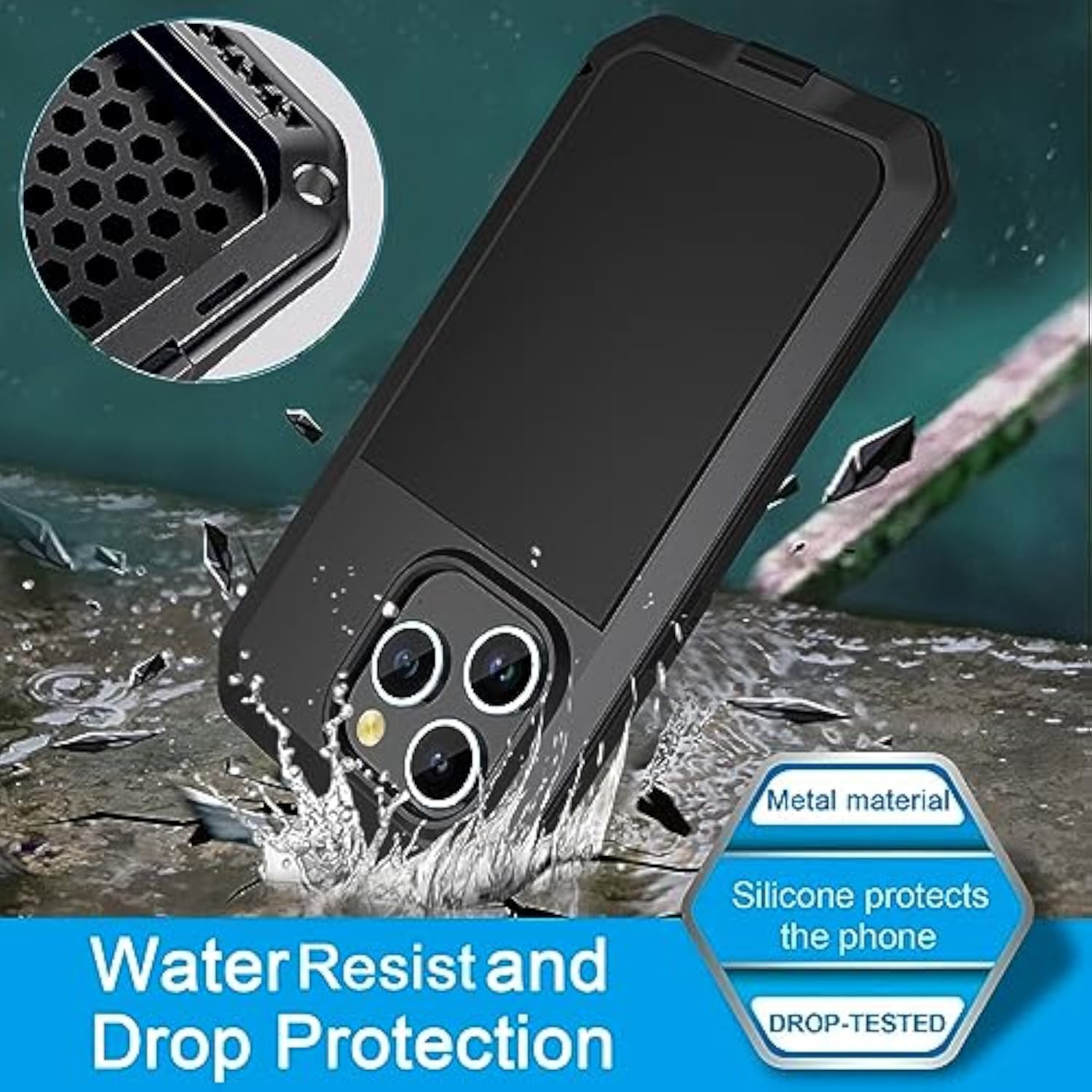 Heavy Duty iPhone 15 Plus Case with Metal Frame and Silicone Screen Protector - Black
