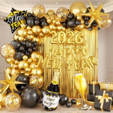 Black Gold Happy New Year 2026 Balloons Banner Fringe Curtain Party Decor