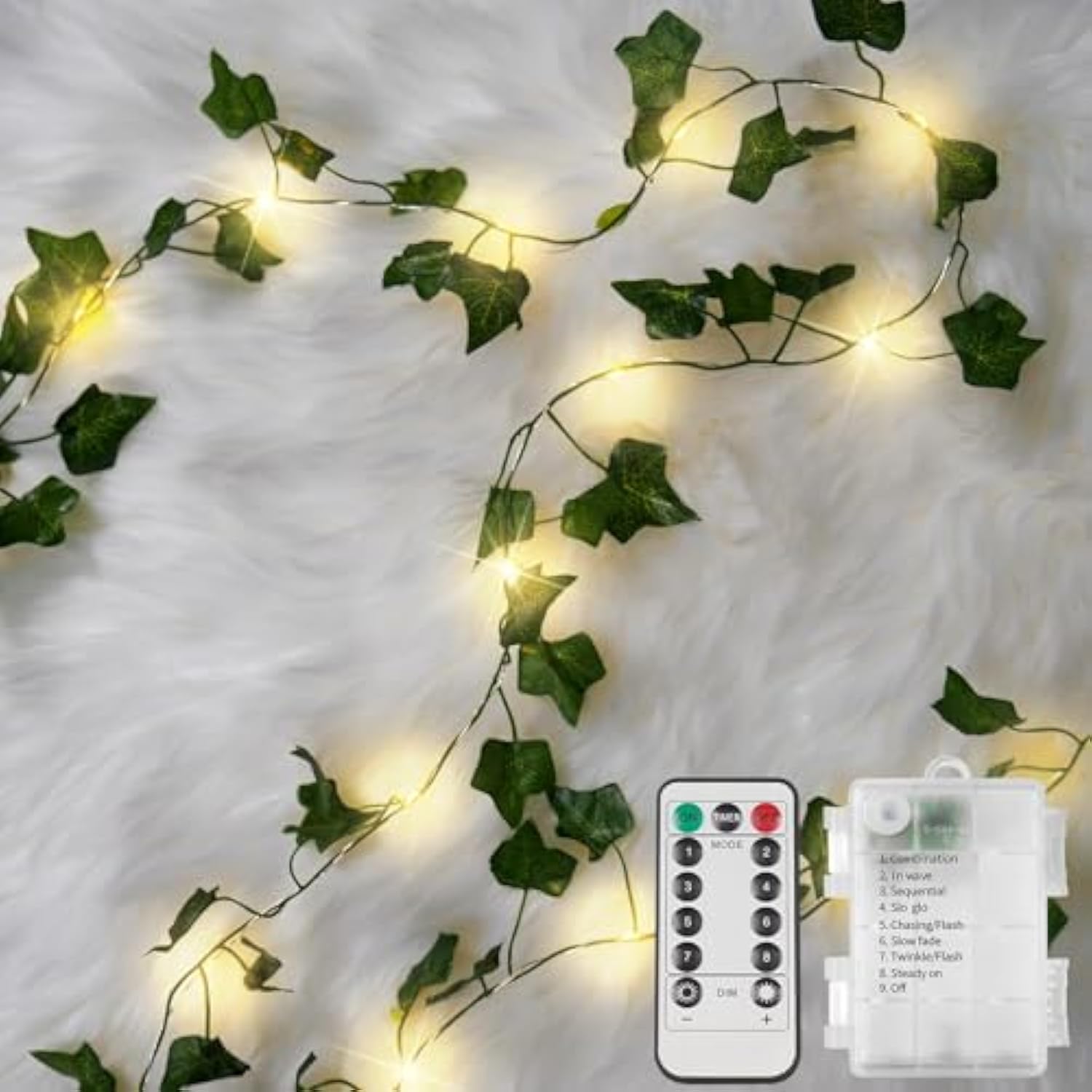 33ft Fairy Ivy String Lights 100 LED Battery Operated Warm White with Remote