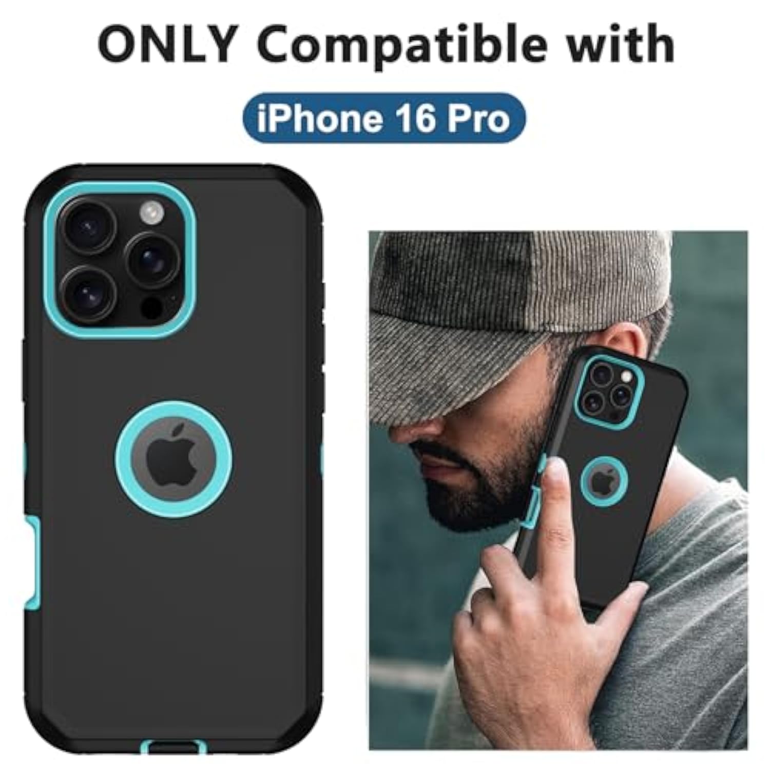 For Iphone 16 Pro Case, With 2 Screen Protector Heavy Duty Drop Protection, Full Body 3 Layer Rugged Shockproof Dust-Proof Protective Phone Cover For Apple Iphone 16 Pro (Black/Mint)