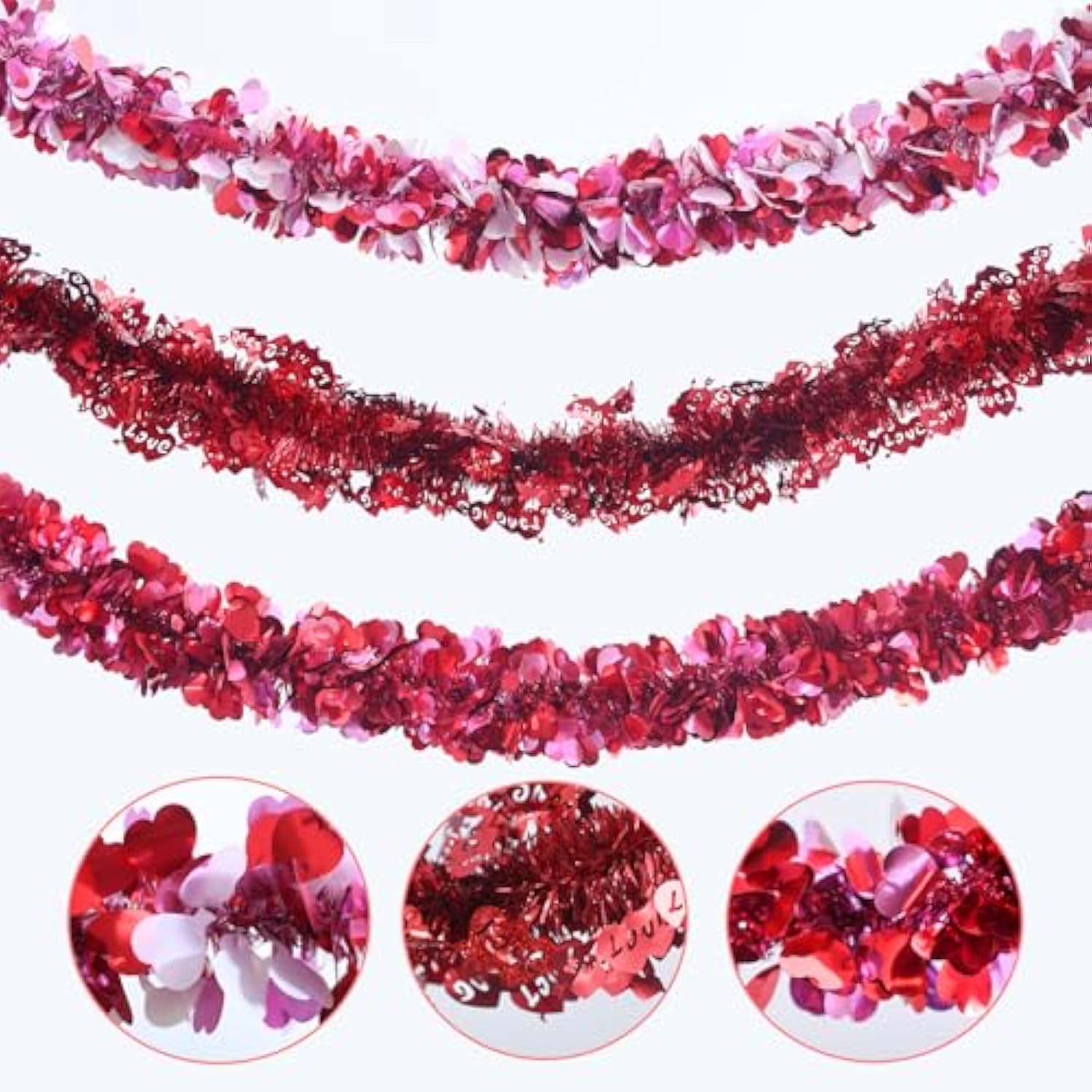 Meag-L Valentines Day Decorations 29.5Ft Heart Tinsel Garland 3Pcs Red Pink White Valentines Day Decor Metallic Hanging Wreath Supplies For Home Mantle Tree Indoor Outdoor Wedding Galentines Day