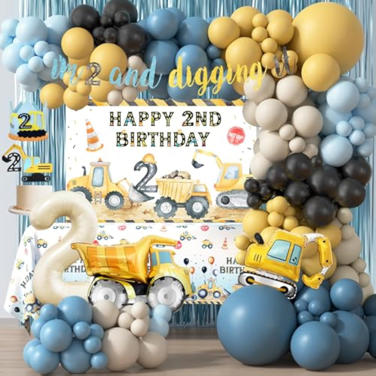 Construction Birthday Party Supplies For 2 Year Old Boy, 2Nd Birthday Decorations For Boys, Dump Truck 2Nd Bday Backdrop, Cake Toppers, Balloon Garland, Tablecloth, Banner