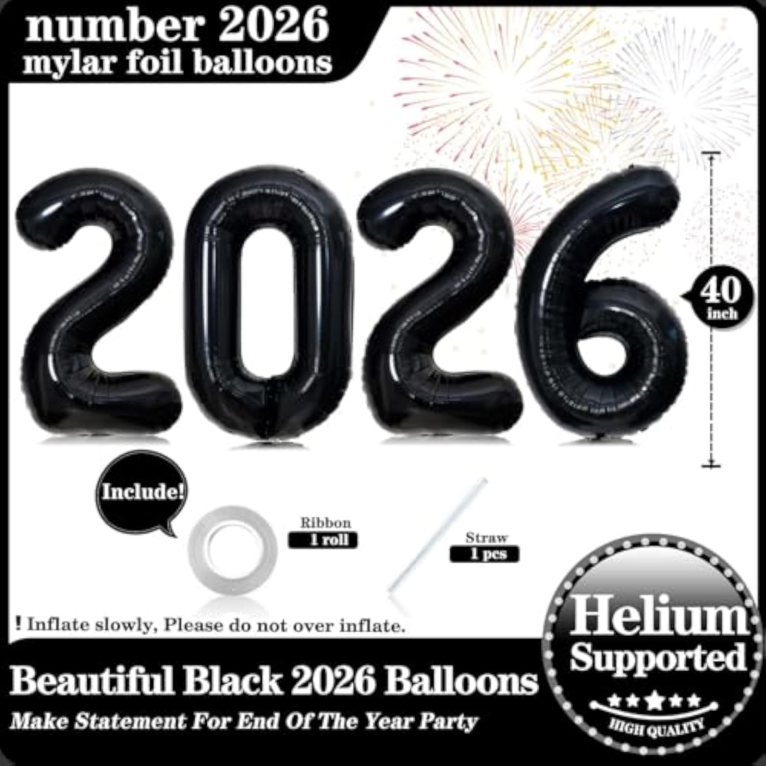40-Inch Black Number 2026 Foil Balloons for New Year and Party Decorations