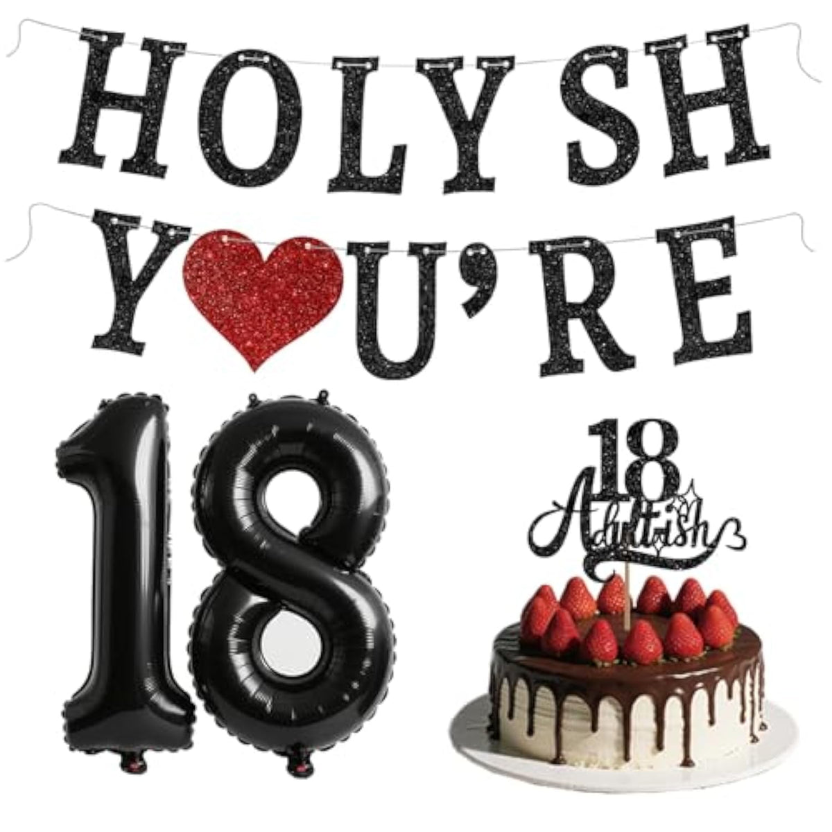 Funny 18Th Birthday Decorations For Girls Boys - Glitter 18Th Birthday Banner, Adultish Cake Topper &18 Balloon Numbers Set - 18 Years Old Gifts Party Decorations Supplies