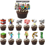 25 Pcs Pixel Gamer Cake Decorations Happy Birthday Topper Party Supplies for Kids