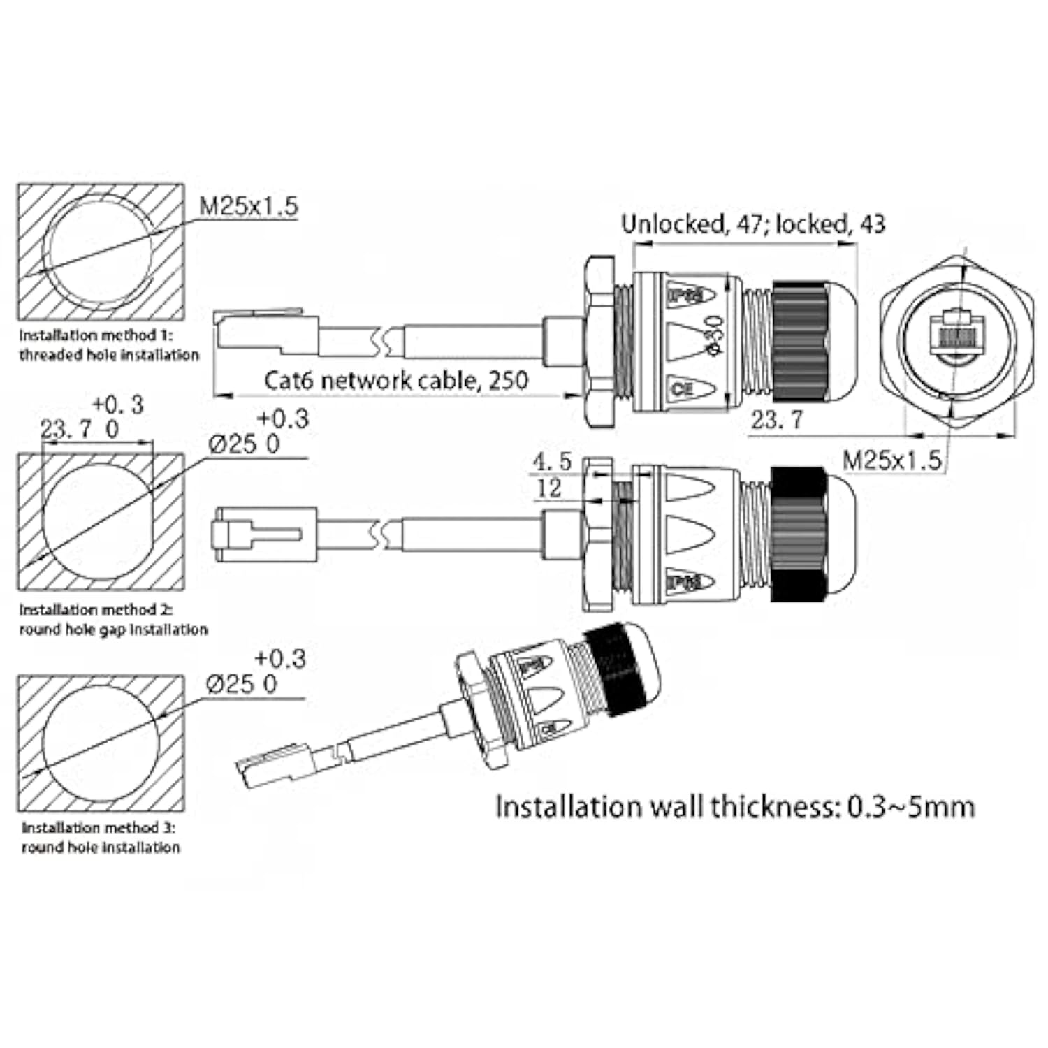 2Pcs Panel Mounting Rj45 Waterproof Connector M25 Cat5/5E/6 Ethernet Lan Cable