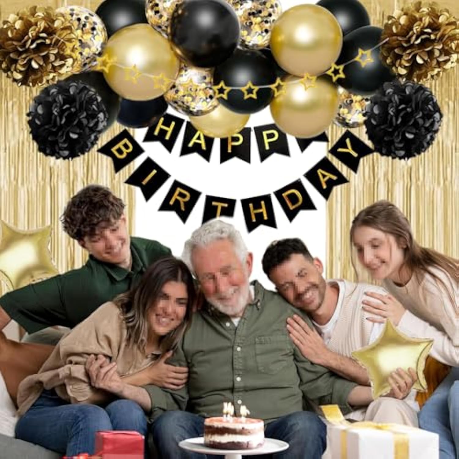 Birthday Decorations For Men Women, Gold And Black Party Decorations, Happy Birthday Banner With Black Gold Balloons Pom Poms Confetti Foil Fringe Curtains, Men Golden Party Decorations
