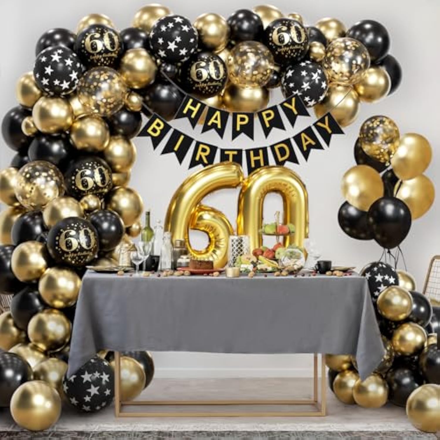 100pcs 60th Birthday Decor Kit – Banner, 60 Balloons, Black & Gold Theme