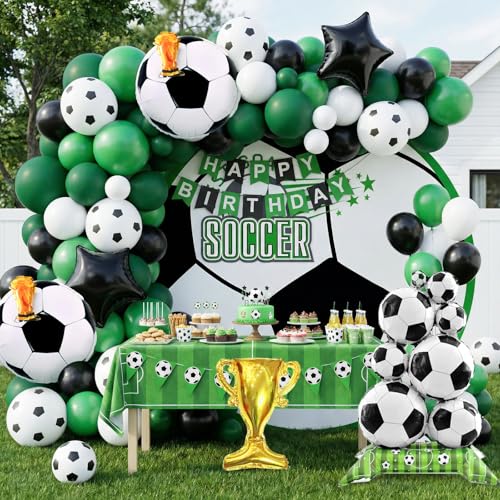 Soccer Balloon Garland Arch Kit,Soccer Party Decorations with Black and White Football Print Balloons Foil Football Exploding Star Balloon for Boys Soccer Sports Theme Birthday Party