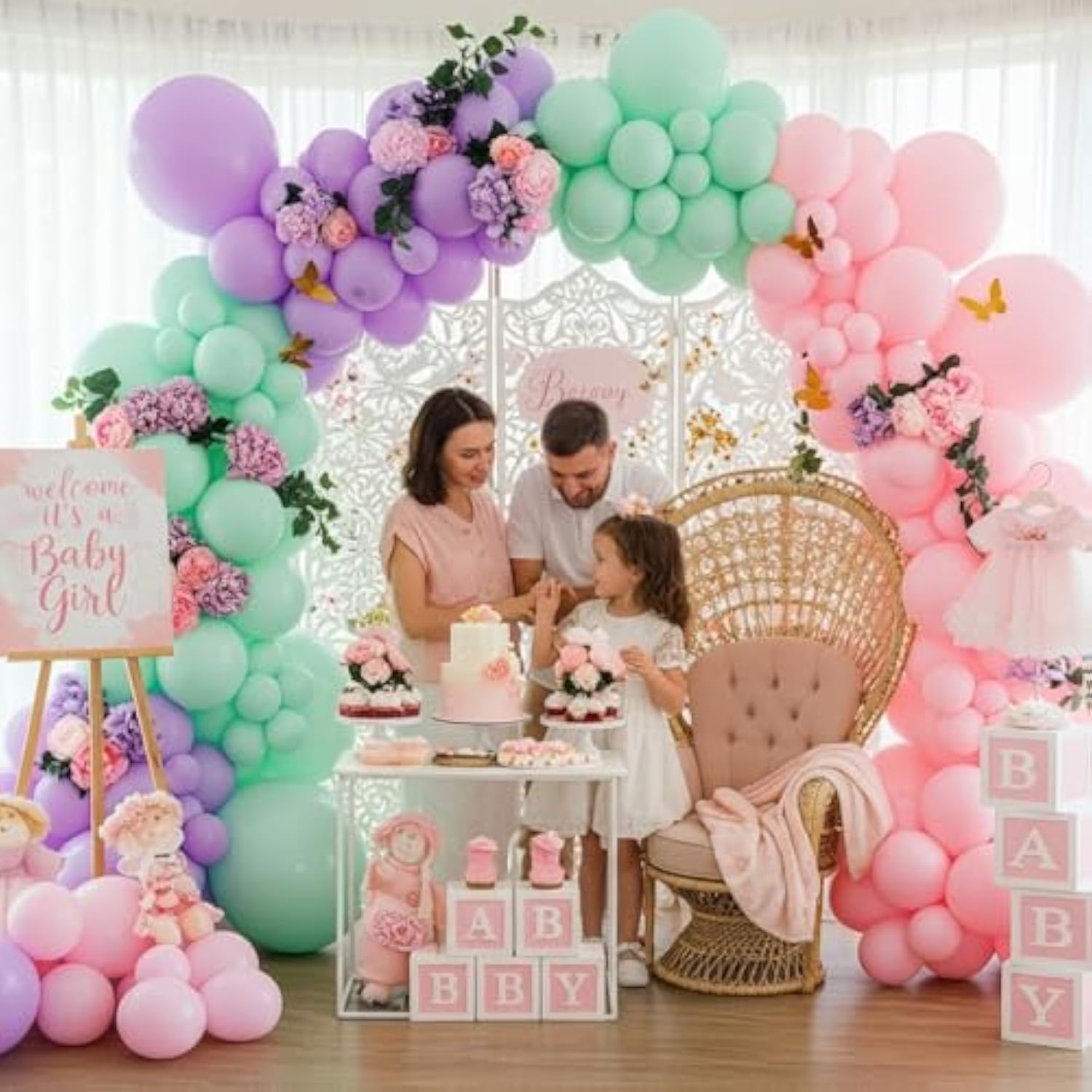 Pink Purple Mint Green Balloon Arch Kit – Double Stuffed Pastel Balloons With Gold Butterflies For Baby Shower, Girl Birthday, Butterfly Theme, Baby In Bloom, Spring Or Garden Party Decor