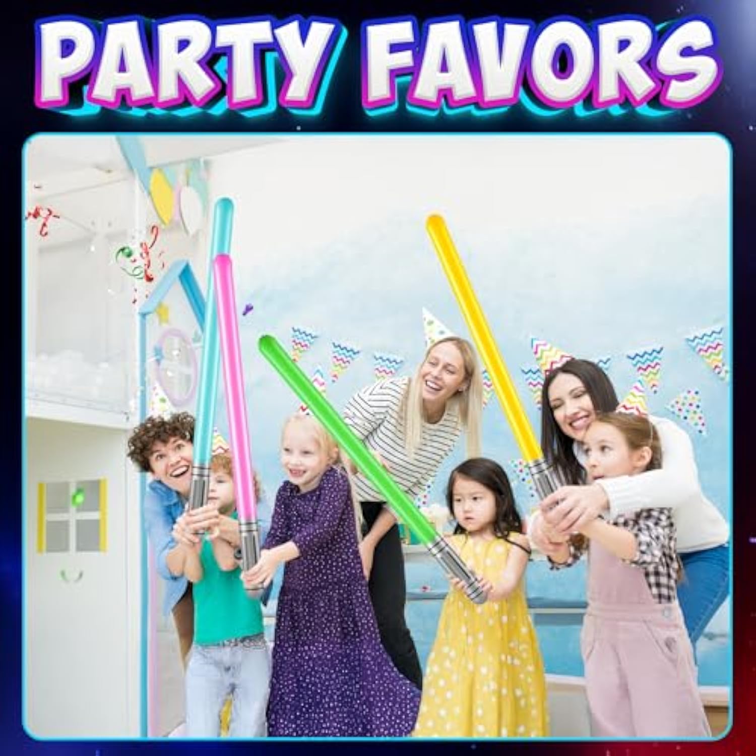 Inflatable Light Sabers For Kids - (Pack Of 12) 35-Inch Neon Color Blow-Up Toy Saber Swords, Party Favors, Goodie Bags, Star Galaxy Theme Birthdays & Prize Toys