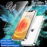JETech 5 in 1 Case for iPhone 12 6.1-Inch, with 2-Pack Screen Protector and Camera Lens Protector, Non-Yellowing Shockproof Bumper Phone Cover, Full Coverage Tempered Glass Film (Clear)
