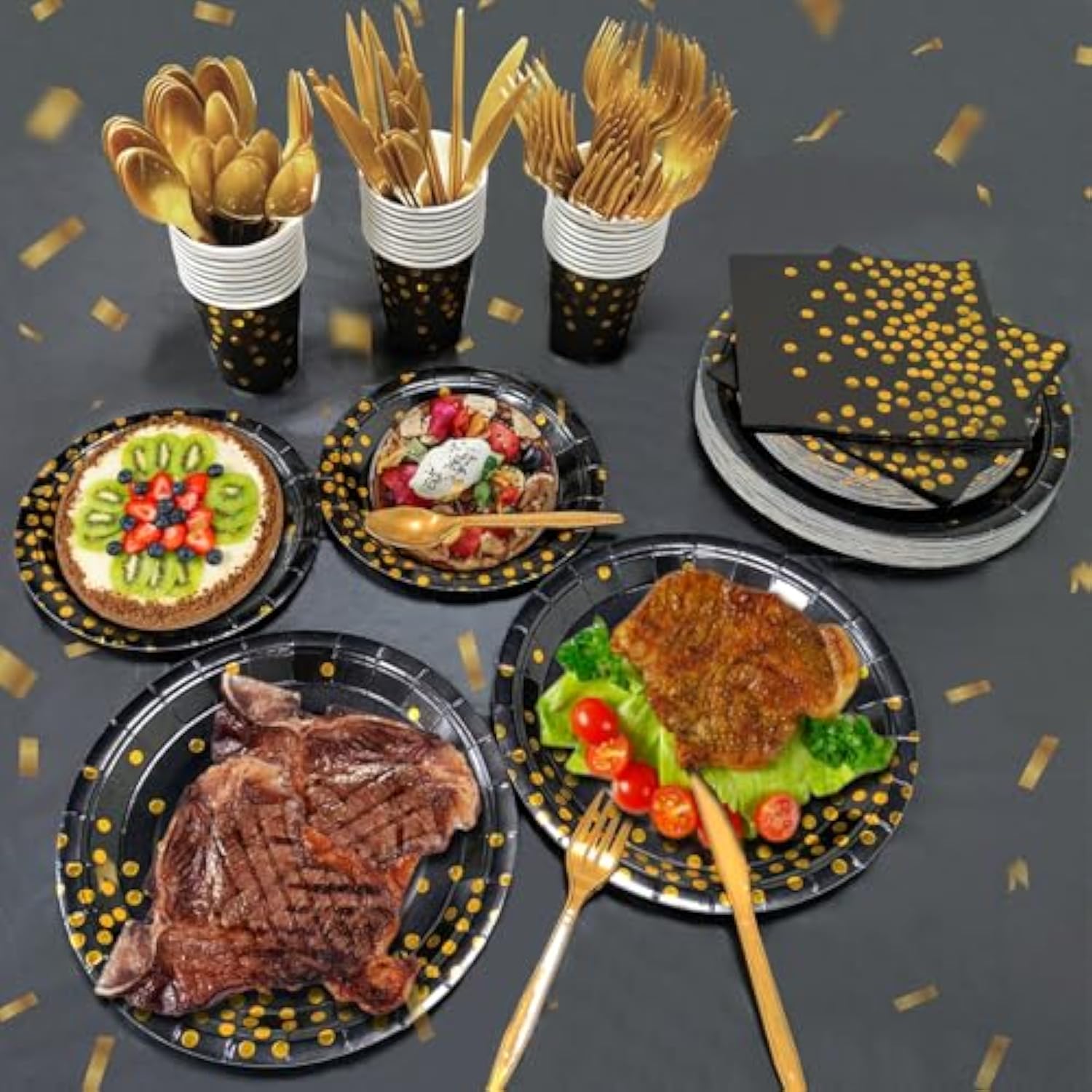 212 Pcs Black Gold New Year Disposable Plates, Napkins, Cups, and Tableware for 30