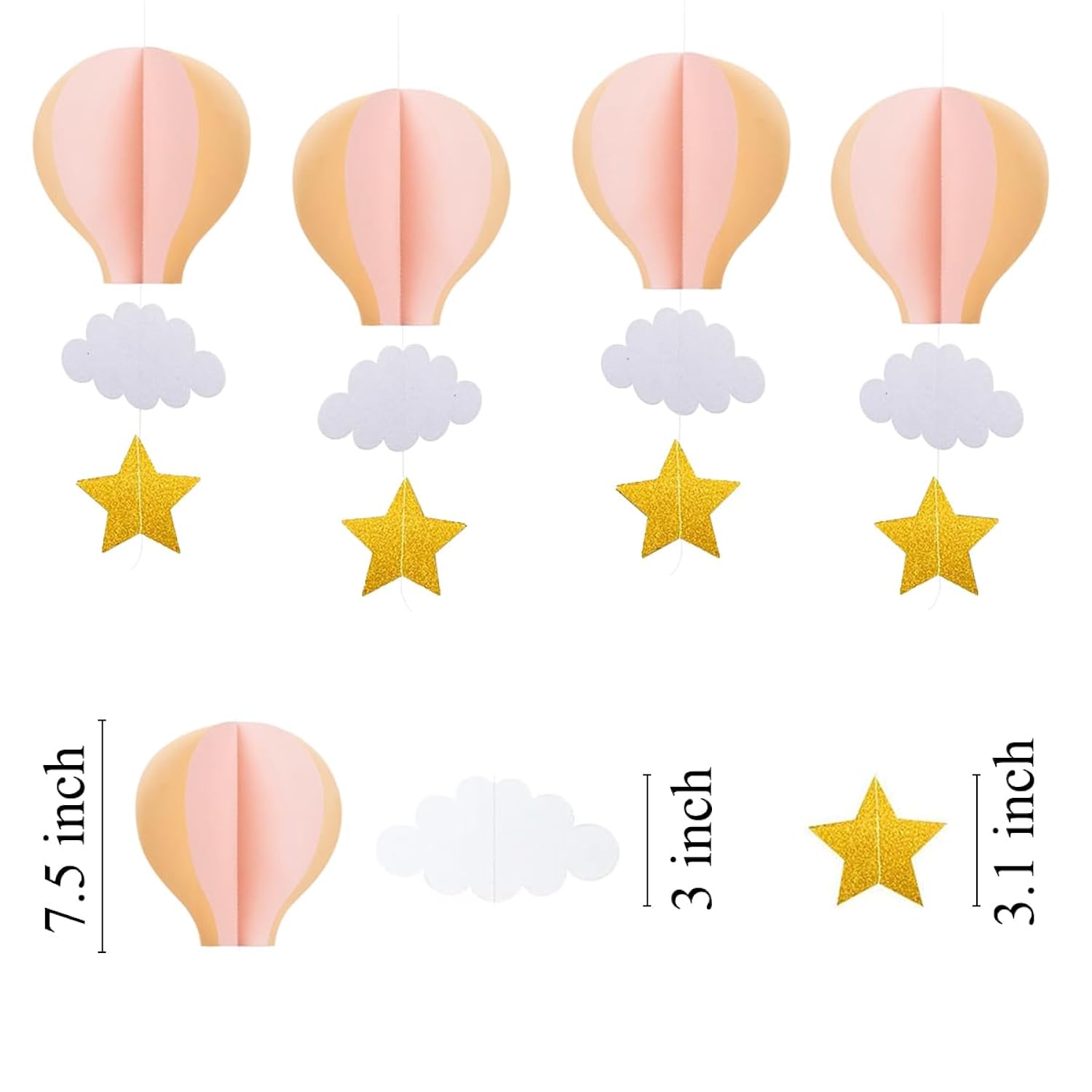 Hot Air Balloon Garland Decorations - 8 Pack Large Size Pastel Cloud Hot Air Balloon 3D Paper Garland Hanging Decorations For Wedding, Birthday, Baby Shower, Christmas Party - Pink