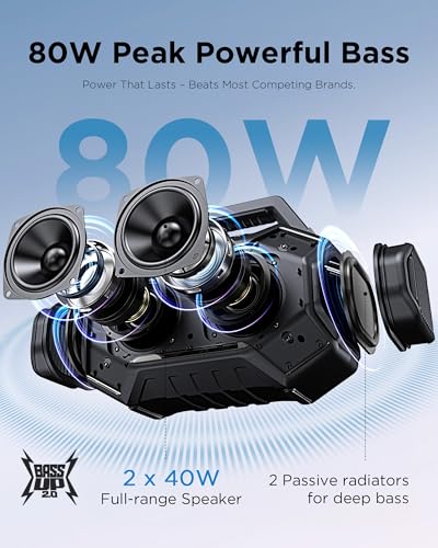 Bluetooth 6.0 Speakers Outdoor, 80W(Peak) Loud Speaker with Bass, 30H Playtime, IPX6 Waterproof, RGB Lights, BassUp 2.0, TWS, Portable Large Jobsite