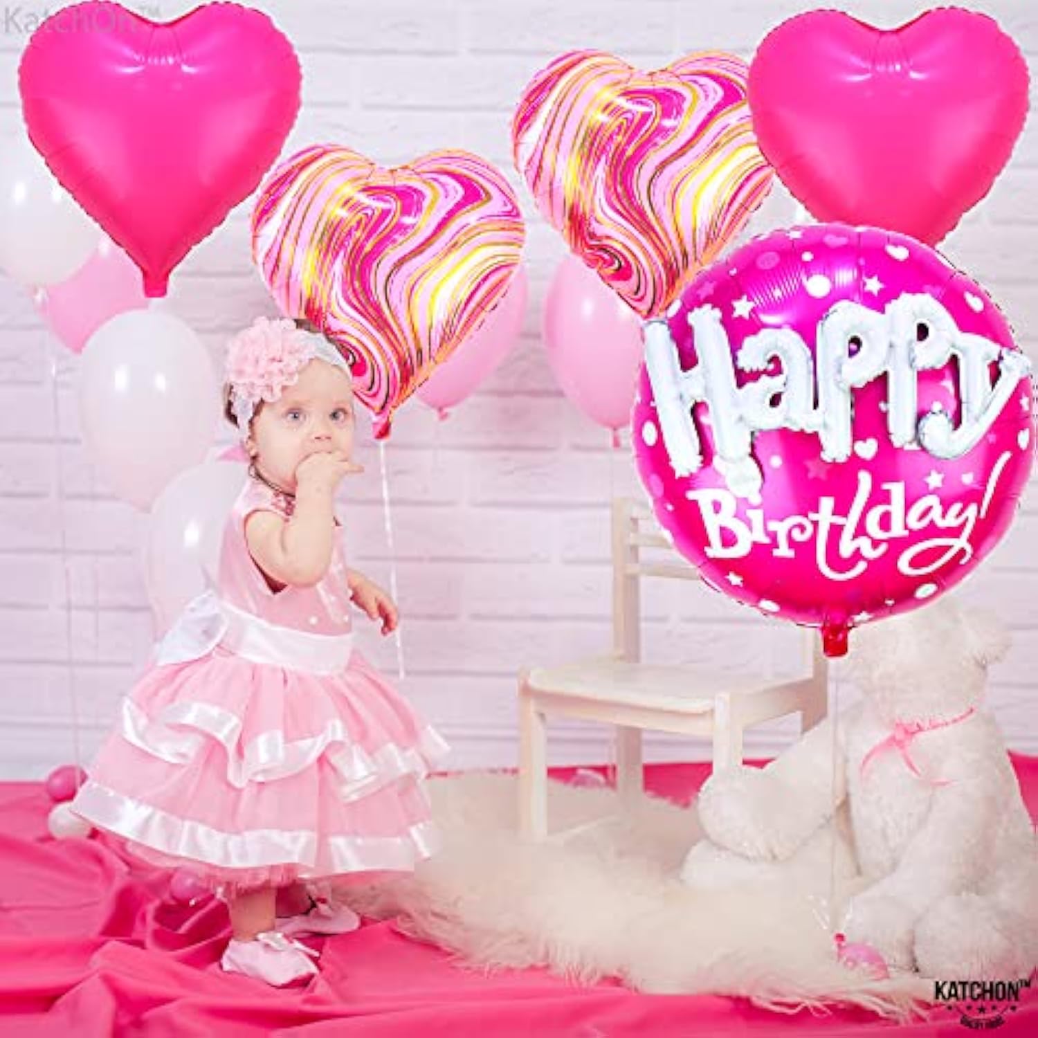 , Huge Happy Birthday Balloon Pink Set - 23 Inch, Pack Of 5 | Hot Pink Heart Balloons For Happy Birthday Decorations | Foil Balloons For Princess Party Decorations
